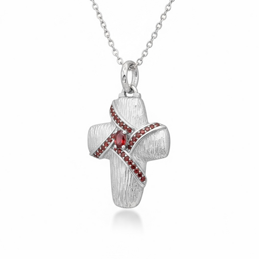Sterling Silver Cross Pendant with Red Created Diamonds ltd Edition - Twelve Silver Trees