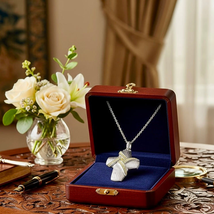 Sterling Silver Cross Pendant, Decorated with Yellow Created Diamonds - Twelve Silver Trees