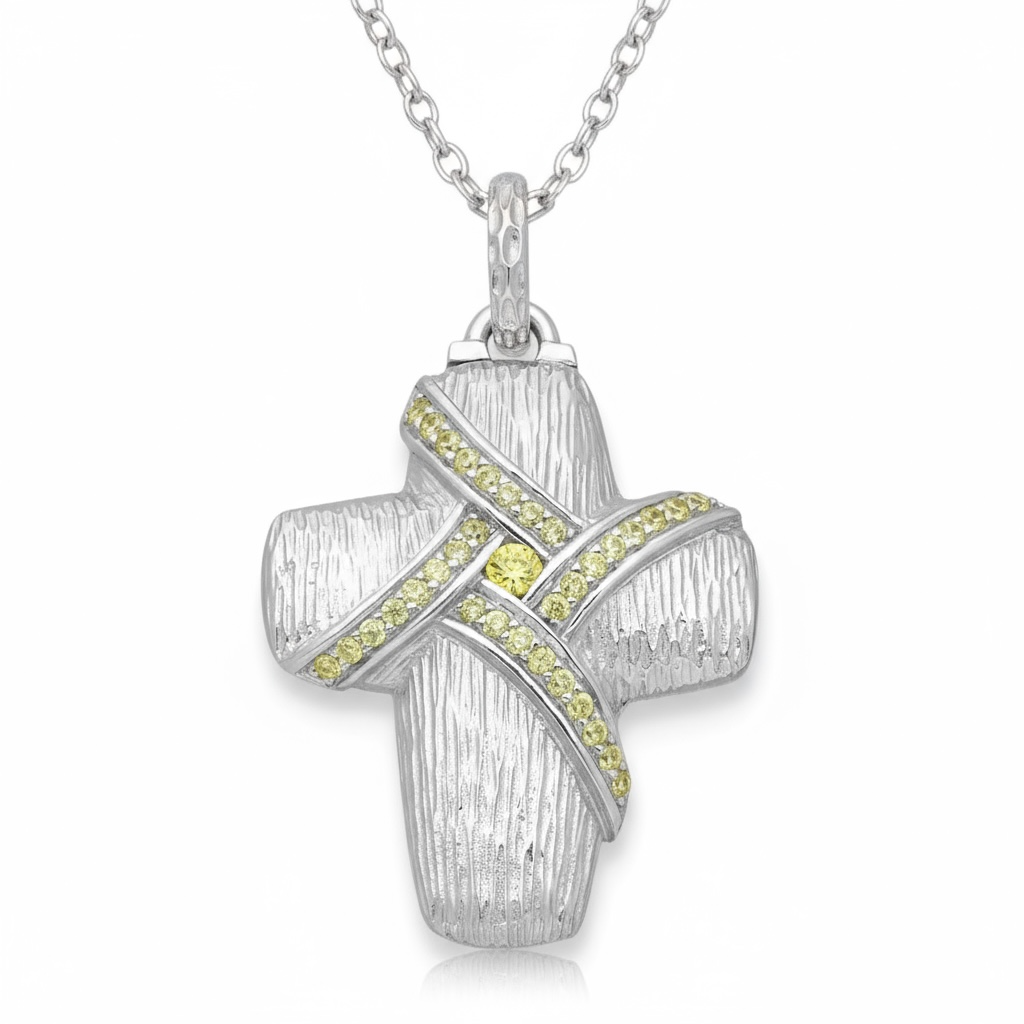 Sterling Silver Cross Pendant, Decorated with Yellow Created Diamonds - Twelve Silver Trees
