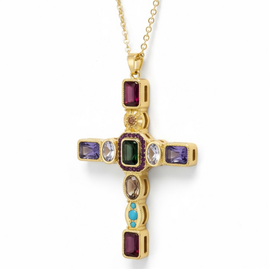 Byzantine Inspired Created Gemstone Cross Pendant - Twelve Silver Trees