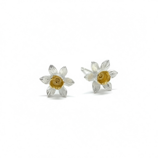 Daffodil Flower Stud Earrings in Sterling Silver & 18 Carat Gold - Twelve Silver Trees