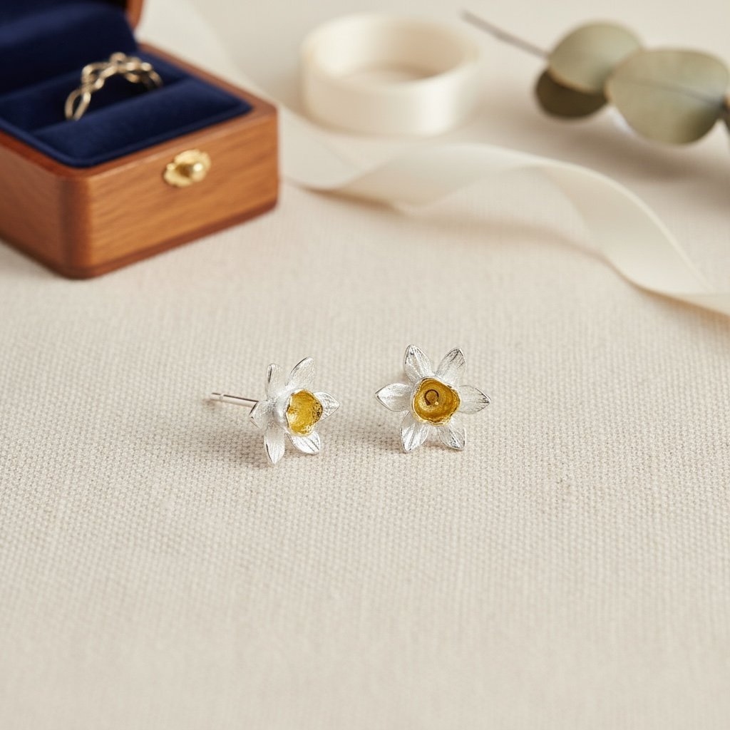 Daffodil Flower Stud Earrings in Sterling Silver & 18 Carat Gold - Twelve Silver Trees