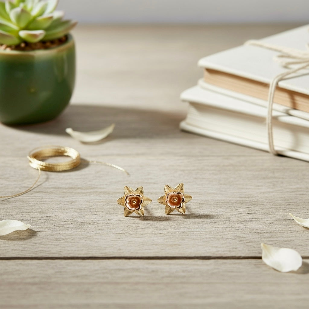 Daffodil Stud Earrings in Sterling Silver & 18 Carat Gold - March Birth Flower - Twelve Silver Trees
