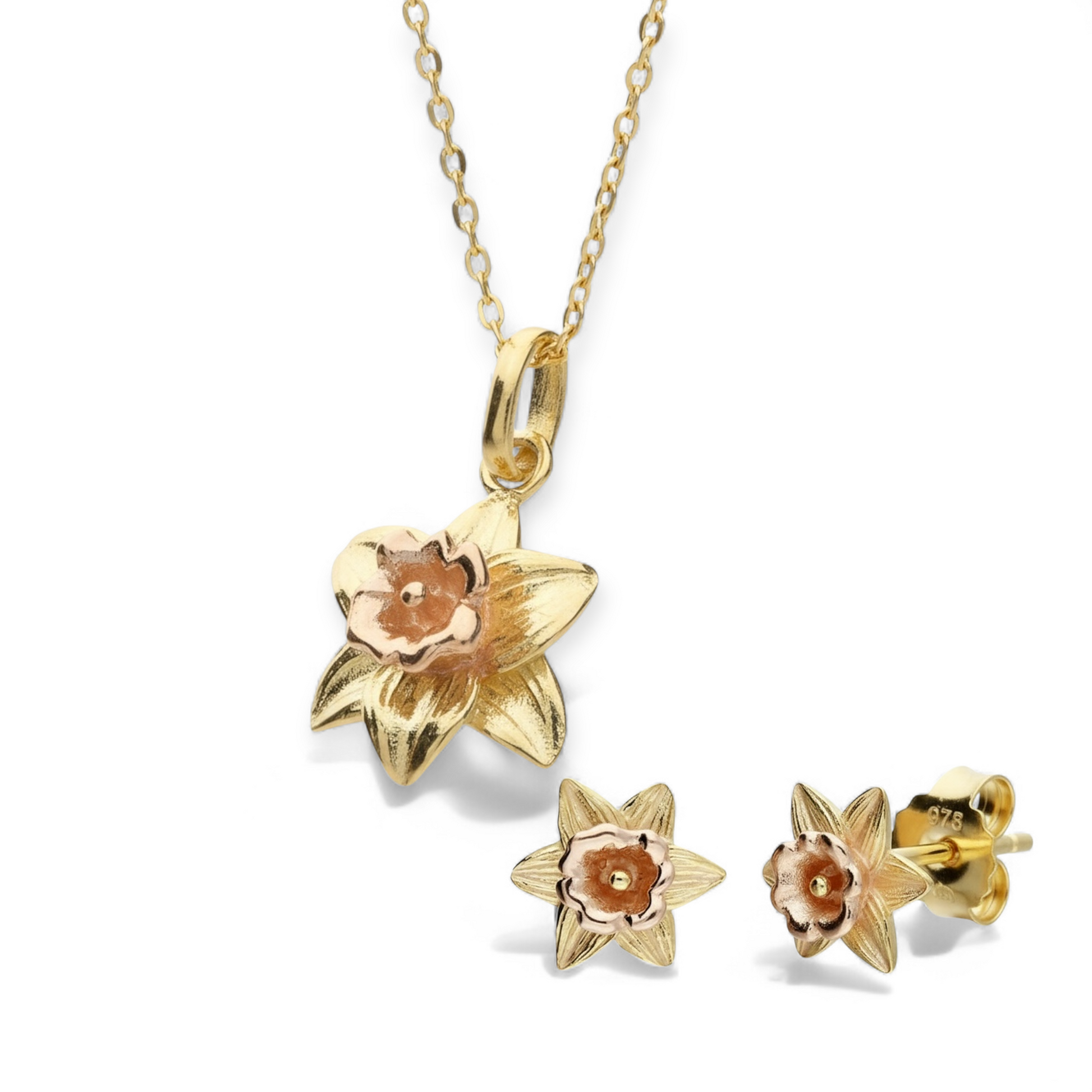 Daffodil Stud Earrings Pendant Set in Sterling Silver & 18 Carat Gold - Twelve Silver Trees