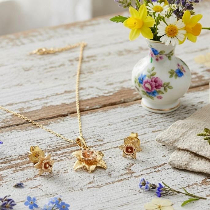 Daffodil Stud Earrings Pendant Set in Sterling Silver & 18 Carat Gold - Twelve Silver Trees