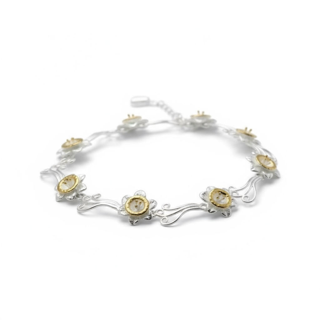 Handmade Sterling Silver Daffodil Flower Link Bracelet - Twelve Silver Trees