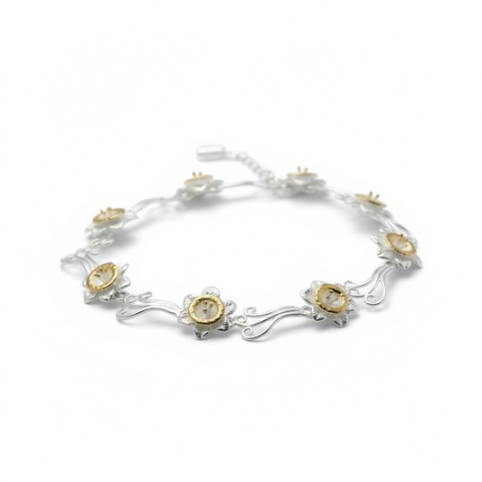 Handmade Sterling Silver Daffodil Flower Link Bracelet - Twelve Silver Trees