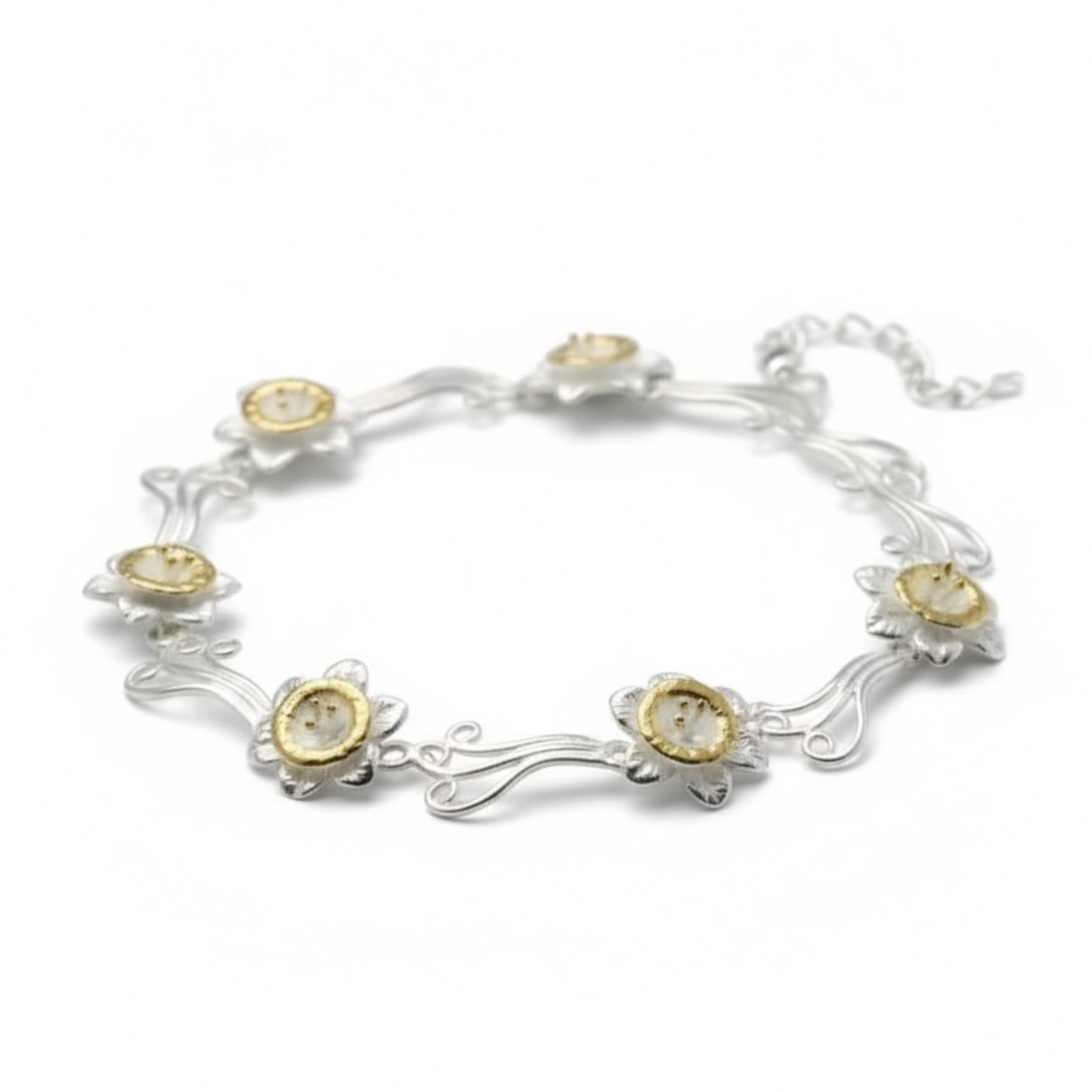 Handmade Sterling Silver Daffodil Flower Link Bracelet - Twelve Silver Trees