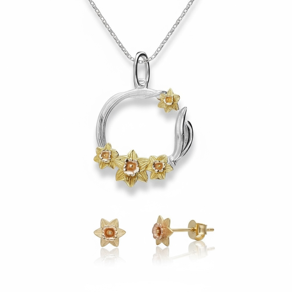 Daffodil Jewellery Set – Sterling Silver & Gold Pendant and Stud Earrings | March Birth Flower Jewellery - Twelve Silver Trees