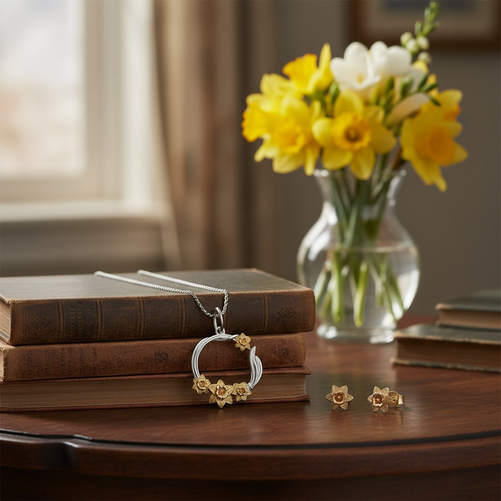 Two Tone Yellow Gold Daffodil Round Pendant in Sterling Silver - Twelve Silver Trees