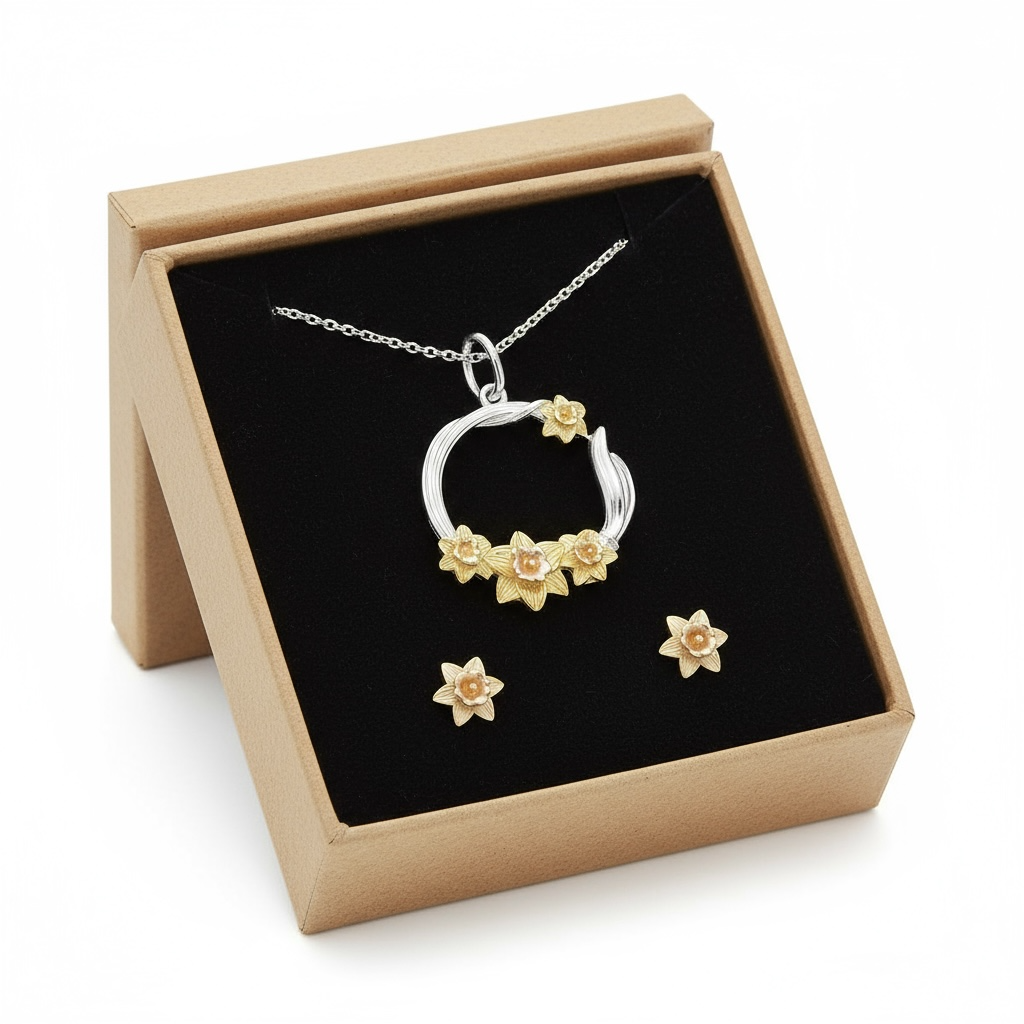 Two Tone Yellow Gold Daffodil Round Pendant in Sterling Silver - Twelve Silver Trees