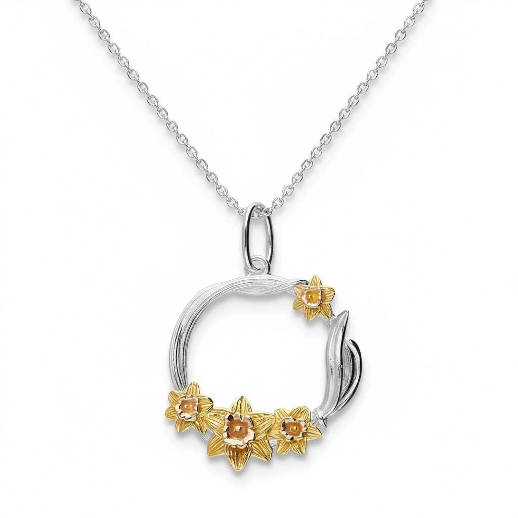 Two Tone Yellow Gold Daffodil Round Pendant in Sterling Silver - Twelve Silver Trees