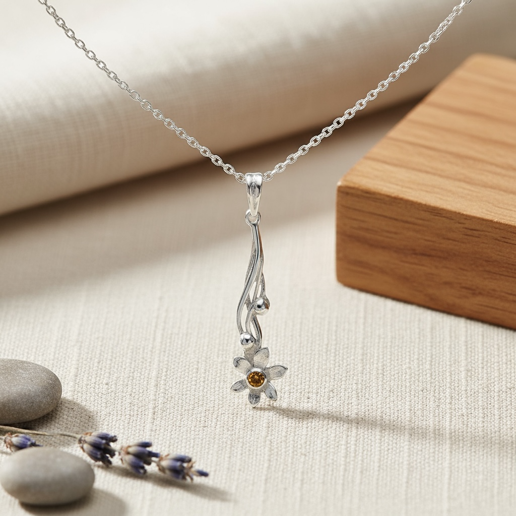 Daffodil Flower Pendant in Sterling Silver & 18 Carat Gold - Twelve Silver Trees