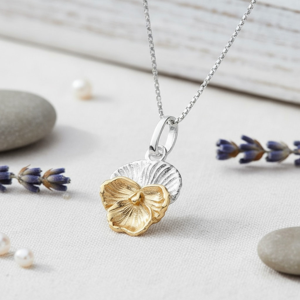Violet Flower Charm Pendant In Sterling Silver & 18 Carat Gold - February Birth Flower - Twelve Silver Trees