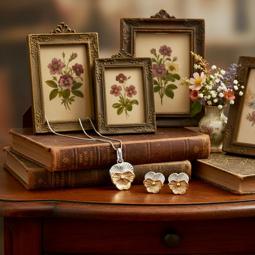 Violet Flower Jewellery Set in Sterling Silver & 18 Carat Rose Gold Vermeil | February Birth Flower Gift Set - Twelve Silver Trees