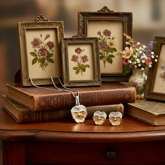 Violet Flower Jewellery Set in Sterling Silver & 18 Carat Rose Gold Vermeil | February Birth Flower Gift Set - Twelve Silver Trees