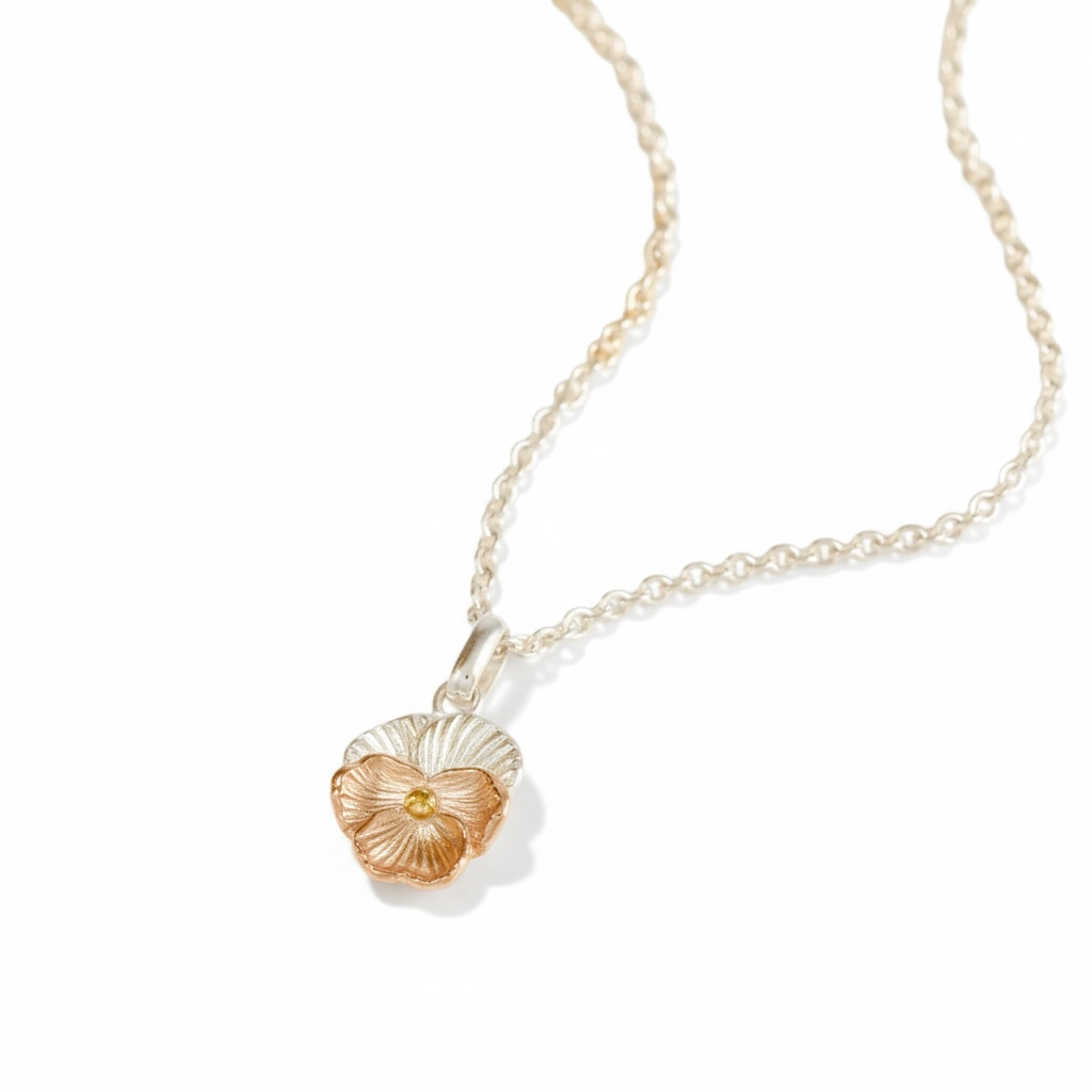Violet Flower Charm Pendant In Sterling Silver & 18 Carat Gold - February Birth Flower - Twelve Silver Trees