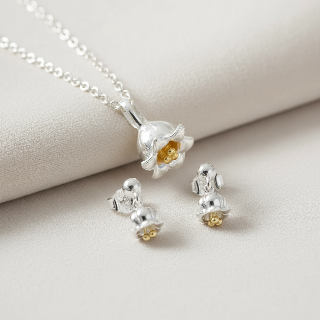 Lily Of The Valley Flower Charm Pendant In Sterling Silver & 18 Carat Gold - Twelve Silver Trees
