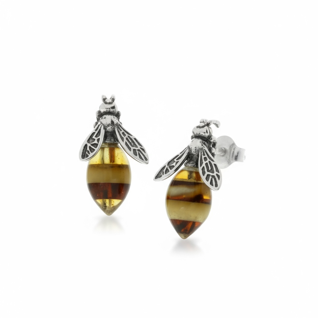 Baltic Amber Bee Stud Earrings - Twelve Silver Trees