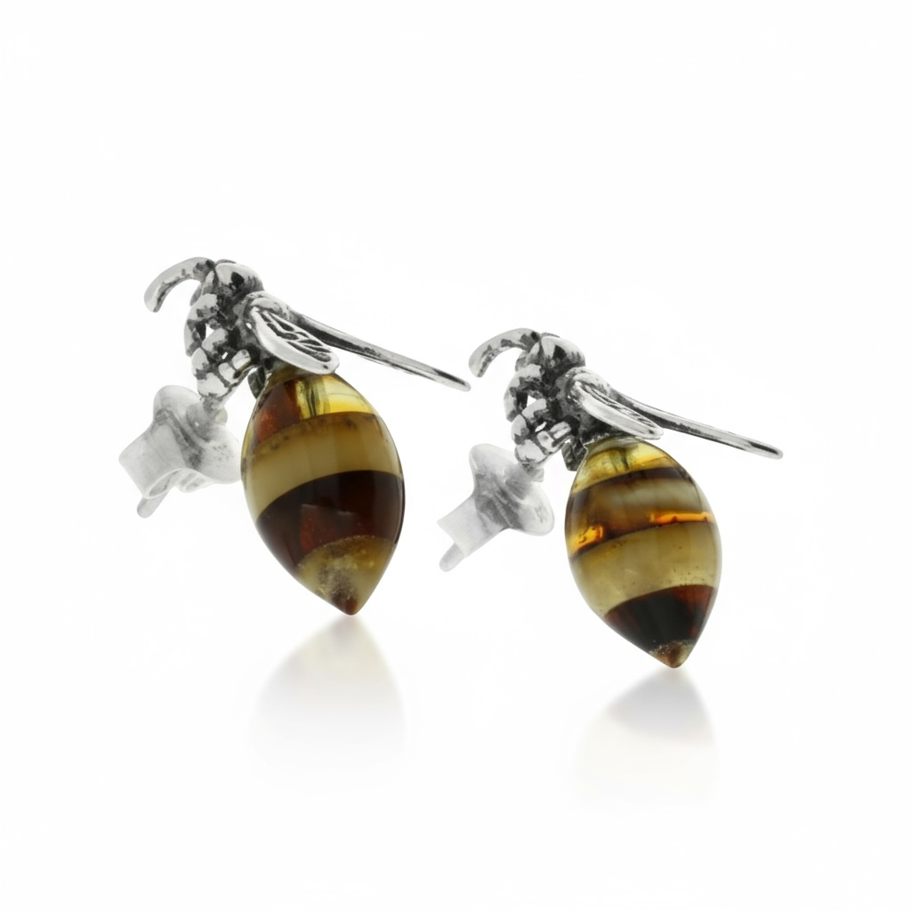 Baltic Amber Bee Stud Earrings - Twelve Silver Trees