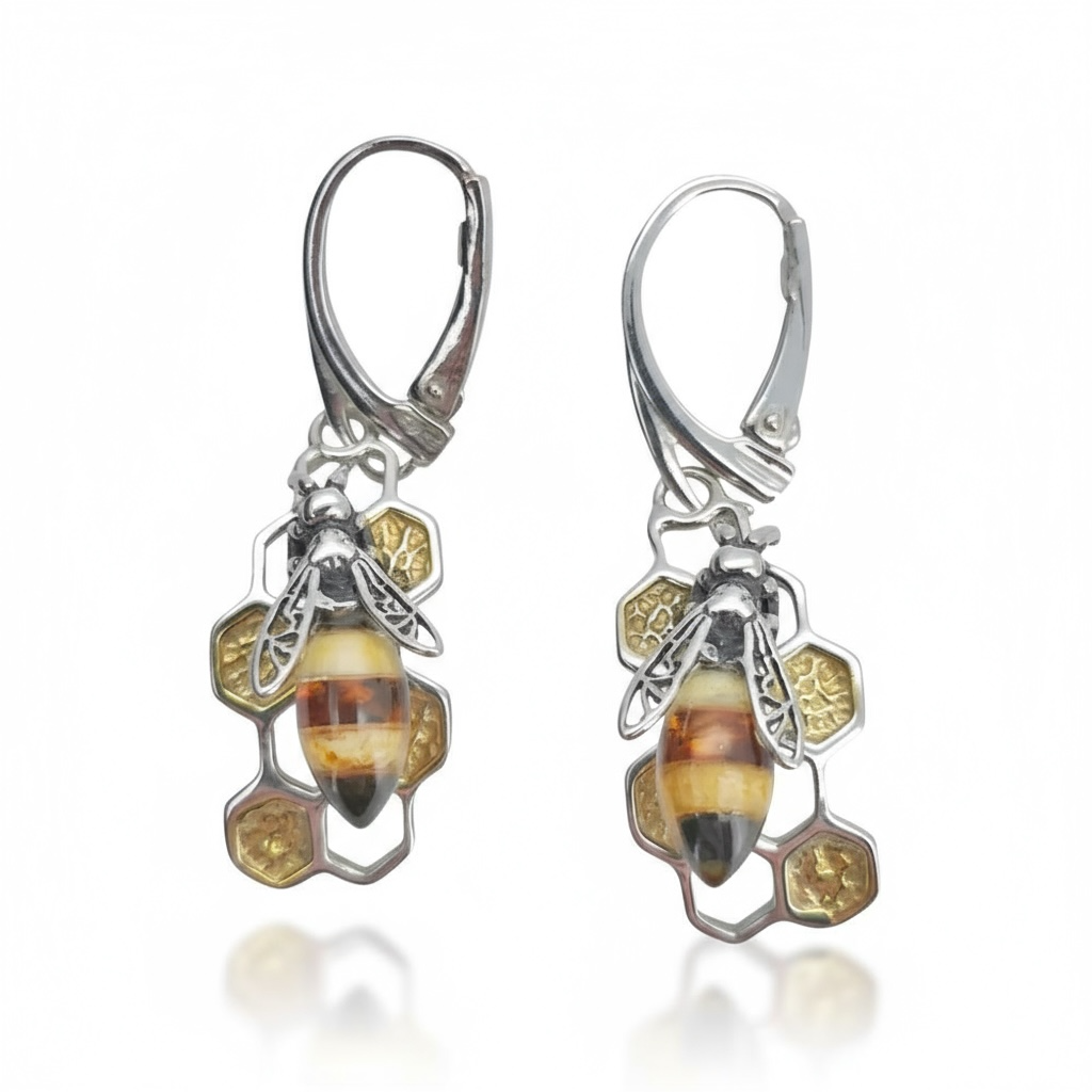 Large Sterling Silver Amber Bee and Honeycomb - Twelve Silver Trees