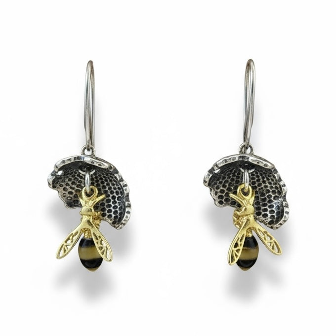Sterling Silver Amber Bee and Honeycomb Lever-Back Earrings - Twelve Silver Trees