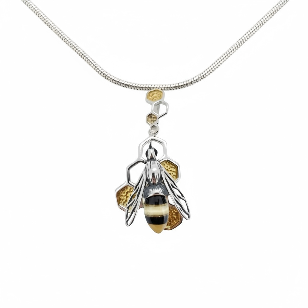 Large Sterling Silver Amber Bee and Honeycomb Pendant - Twelve Silver Trees