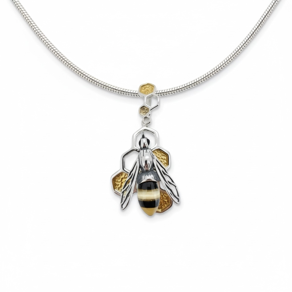 Large Sterling Silver Amber Bee and Honeycomb Pendant - Twelve Silver Trees