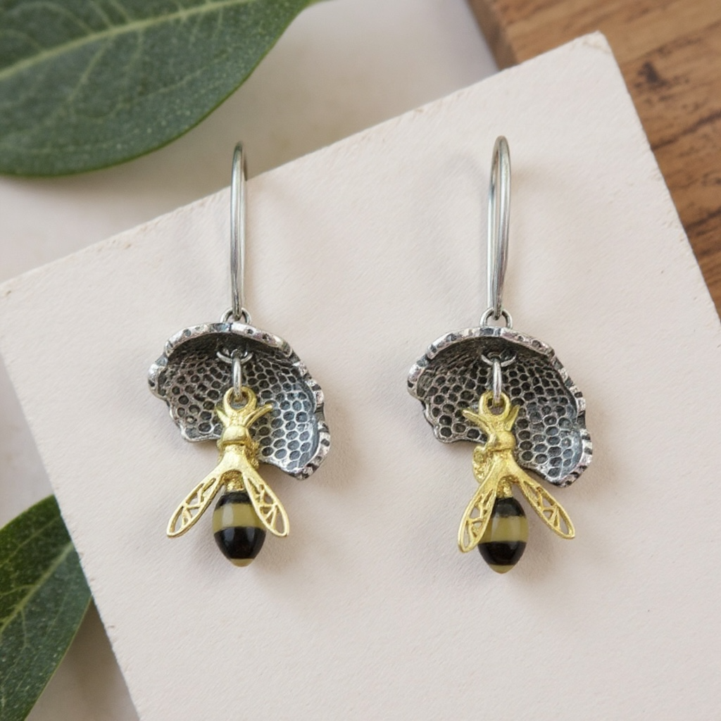 Sterling Silver Amber Bee and Honeycomb Lever-Back Earrings - Twelve Silver Trees