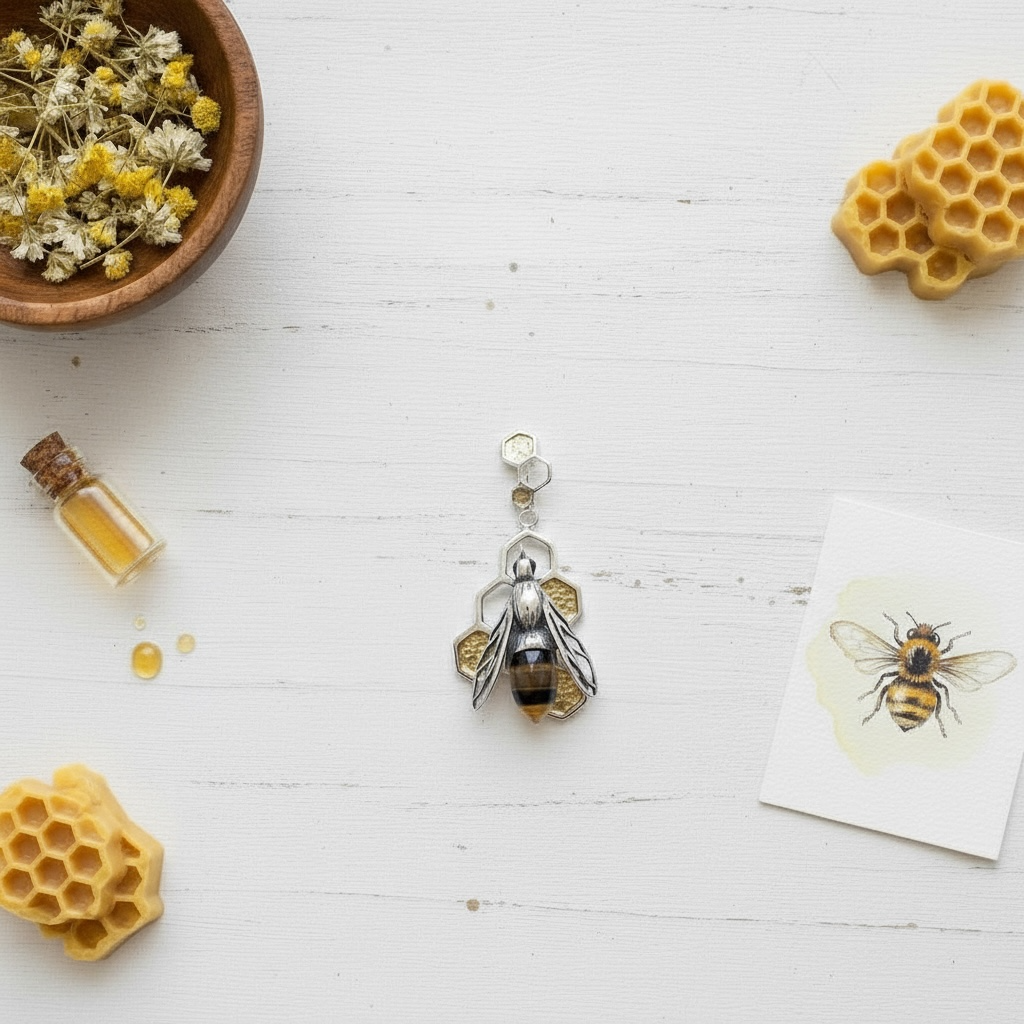 Large Sterling Silver Amber Bee and Honeycomb Pendant - Twelve Silver Trees