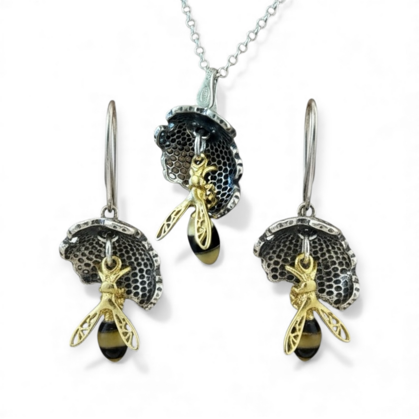 Sterling Silver Amber Bee and Honeycomb Pendant - Twelve Silver Trees