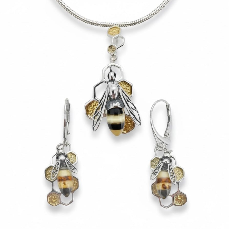 Large Sterling Silver Amber Bee and Honeycomb - Twelve Silver Trees