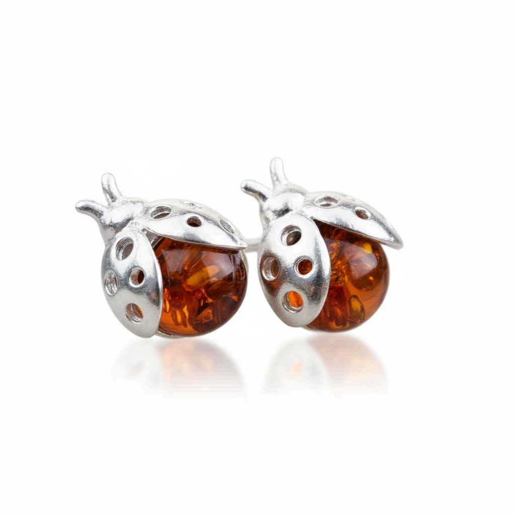 Baltic Amber Ladybird Stud Sterling Silver Earrings - Twelve Silver Trees
