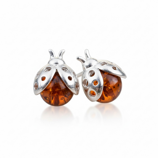 Baltic Amber Ladybird Stud Sterling Silver Earrings - Twelve Silver Trees