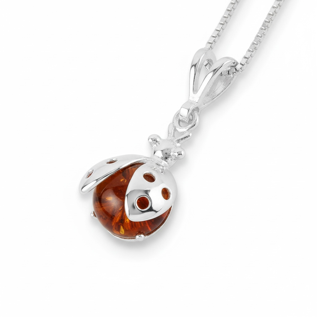 Baltic Amber Ladybird Sterling Silver Pendant - Twelve Silver Trees