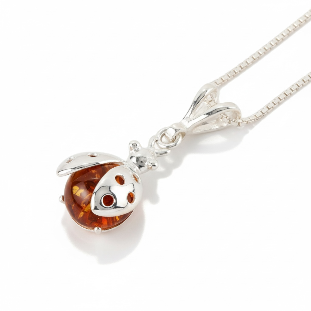 Baltic Amber Ladybird Sterling Silver Pendant - Twelve Silver Trees