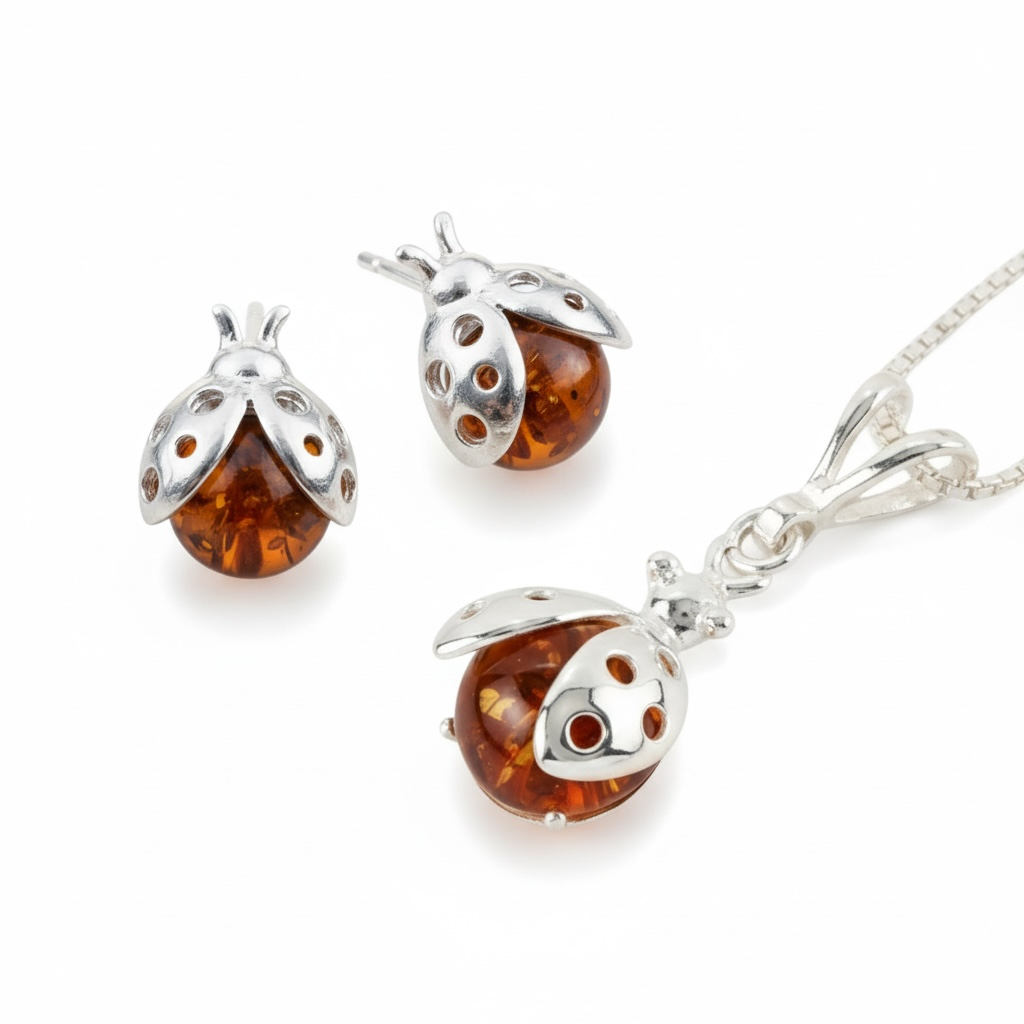 Baltic Amber Ladybird Stud Sterling Silver Earrings - Twelve Silver Trees