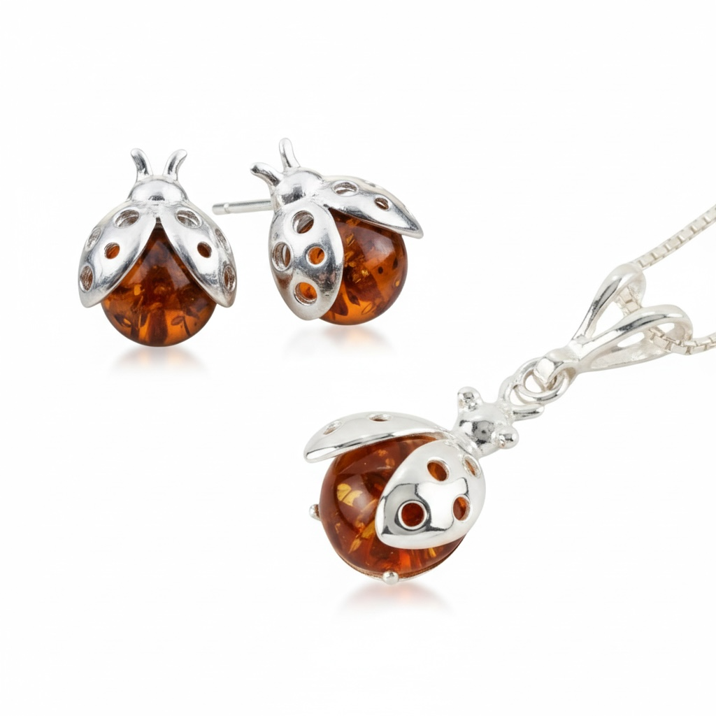 Baltic Amber Ladybird Sterling Silver Pendant - Twelve Silver Trees