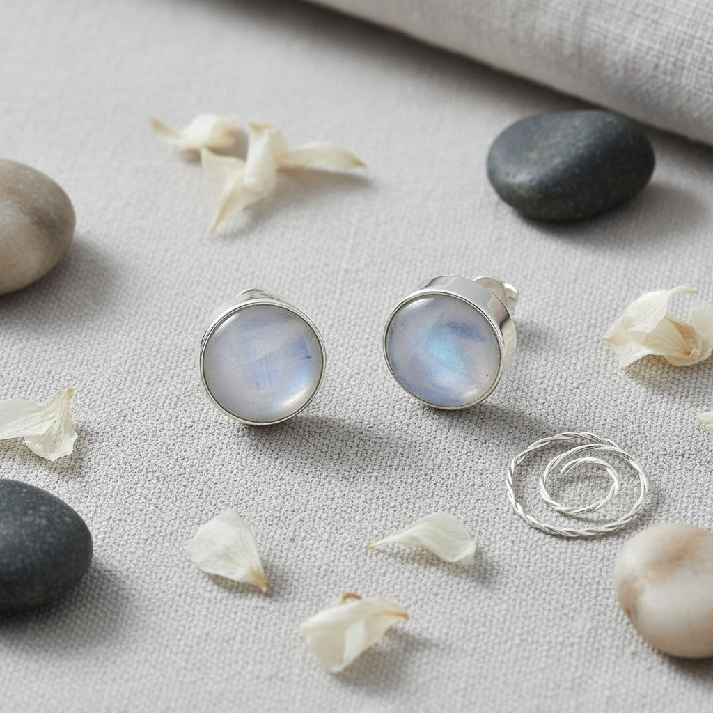 Rainbow Moonstone 10mm Stud Earrings - Twelve Silver Trees