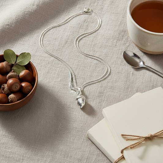 Silver necklace with acorn pendant on a table with a cup of tea, bowl of acorns, and notebook.