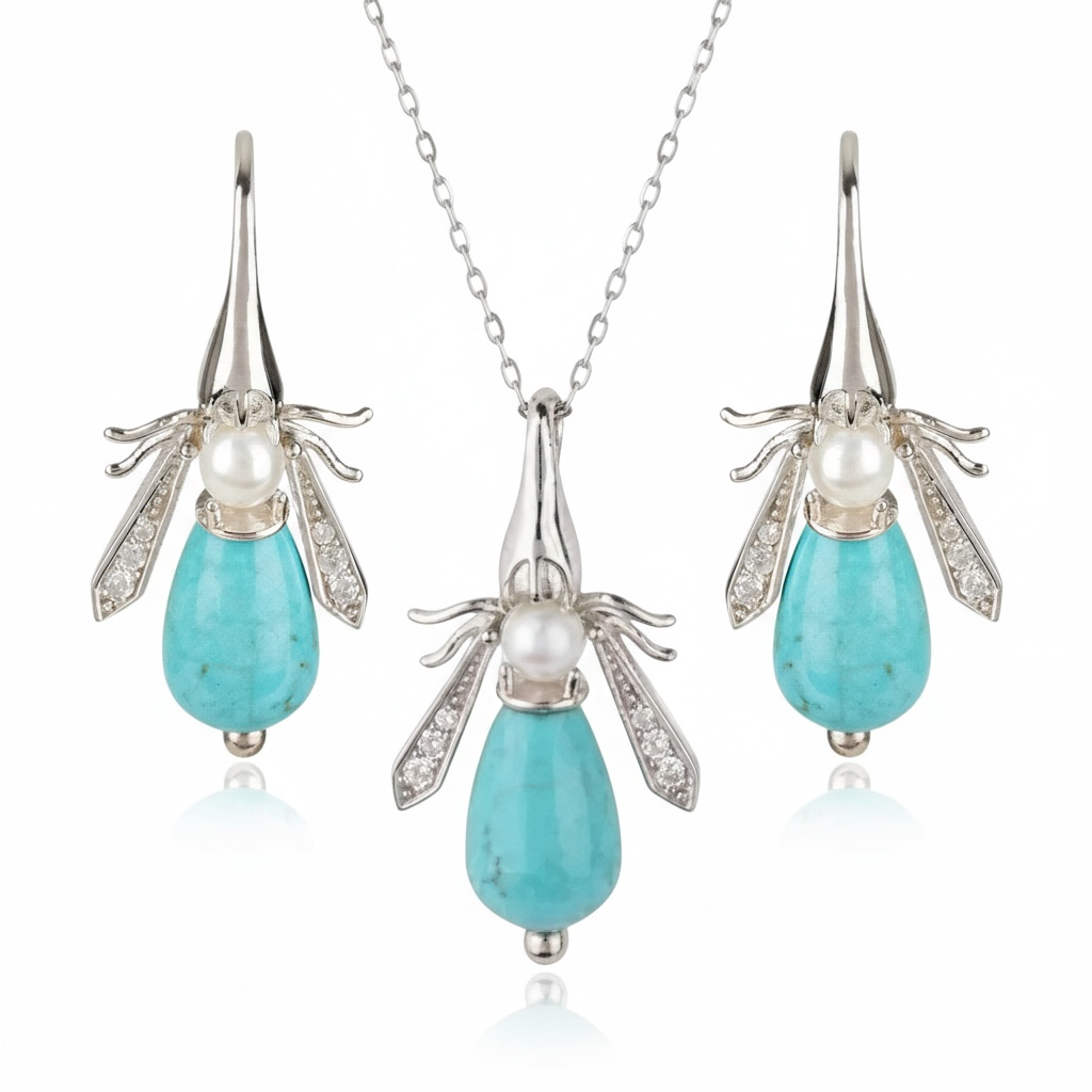 Turquoise & Pearl Gemstone Bee Pendant Sterling Silver Necklace - Twelve Silver Trees