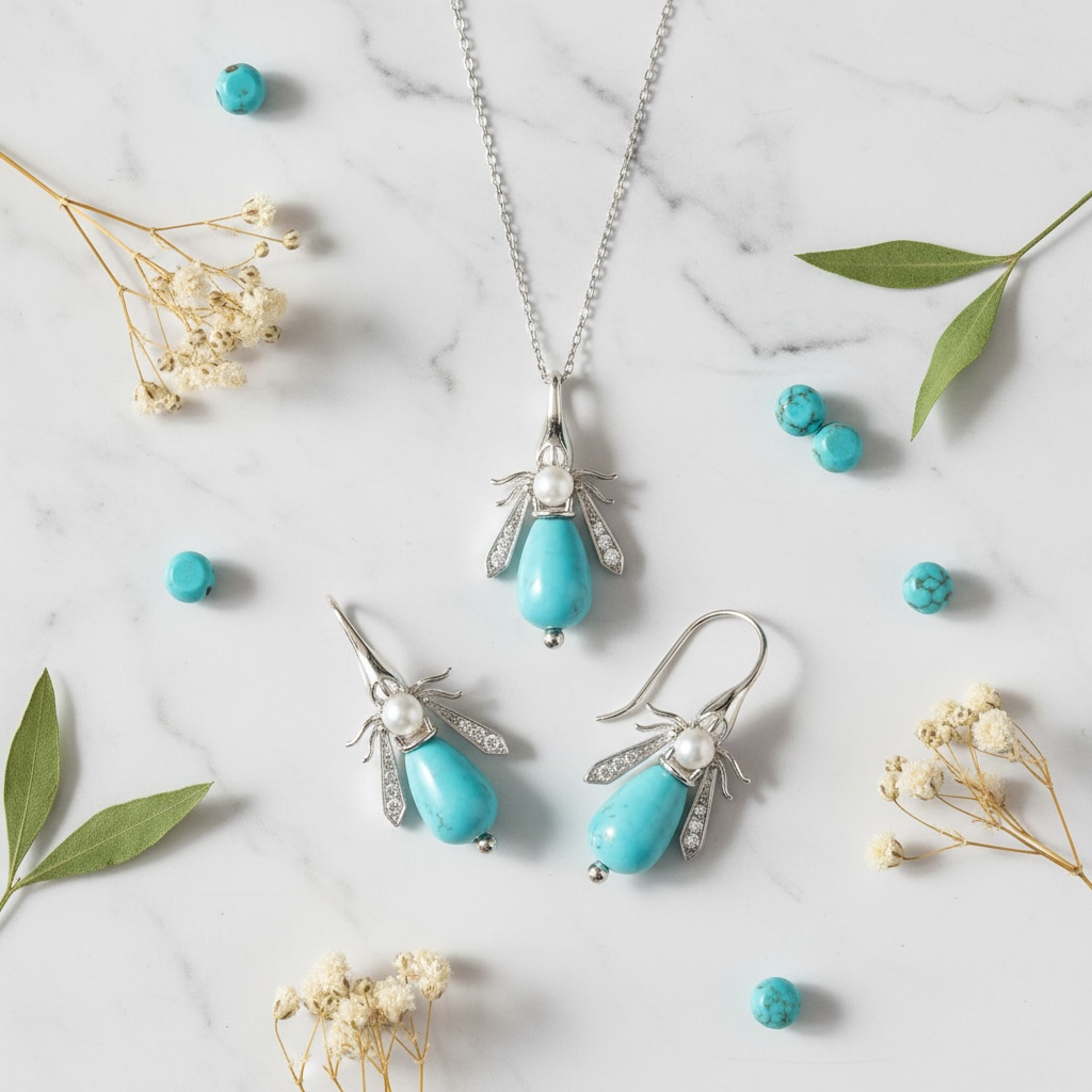 Turquoise And Freshwater Pearl Honey Bee Earrings Silver - Twelve Silver Trees