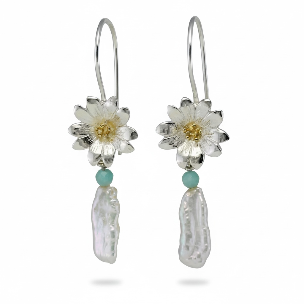 From The Herbarium Collection at Twelve Silver Trees Jewellery, Elegant sterling silver flower earrings with aventurine bead and baroque pearl drops