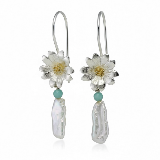 Sterling silver floral earrings with gold detail, aventurine bead and baroque pearl From the herbarium collection at Twelve Silver `trees Jewellery