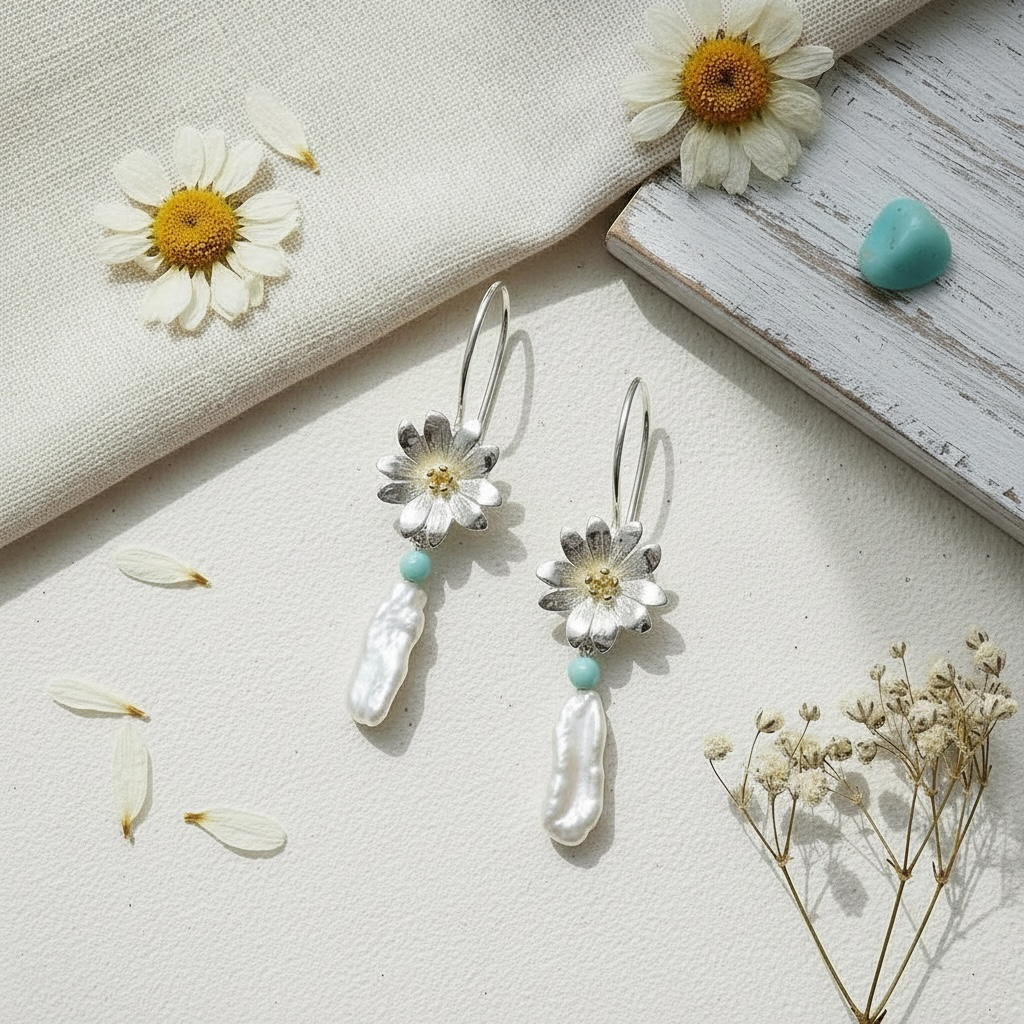 Flower drop earrings in sterling silver with gold stamens and baroque pearl from the Herbarium Collection at Twelve Silver Trees jewellery