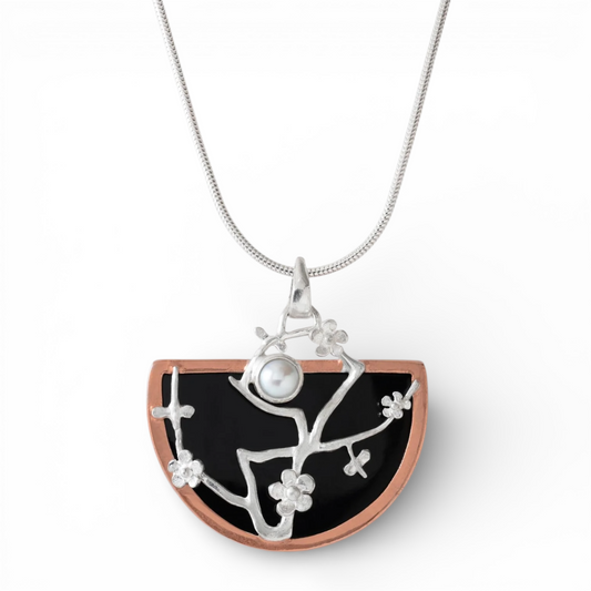 Sterling silver Sakura cherry blossom pendant with pearl, copper and black enamel From Twelve Silver Trees Jewellery