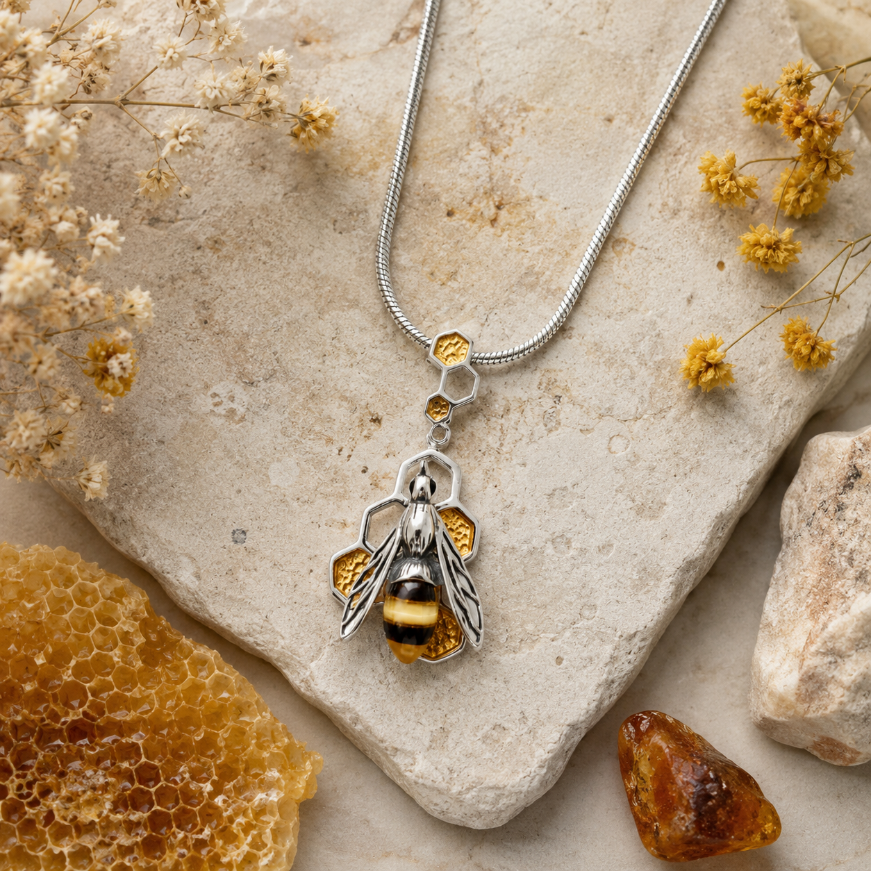 Baltic Amber Bee & Honeycomb Pendant - Twelve Silver Trees