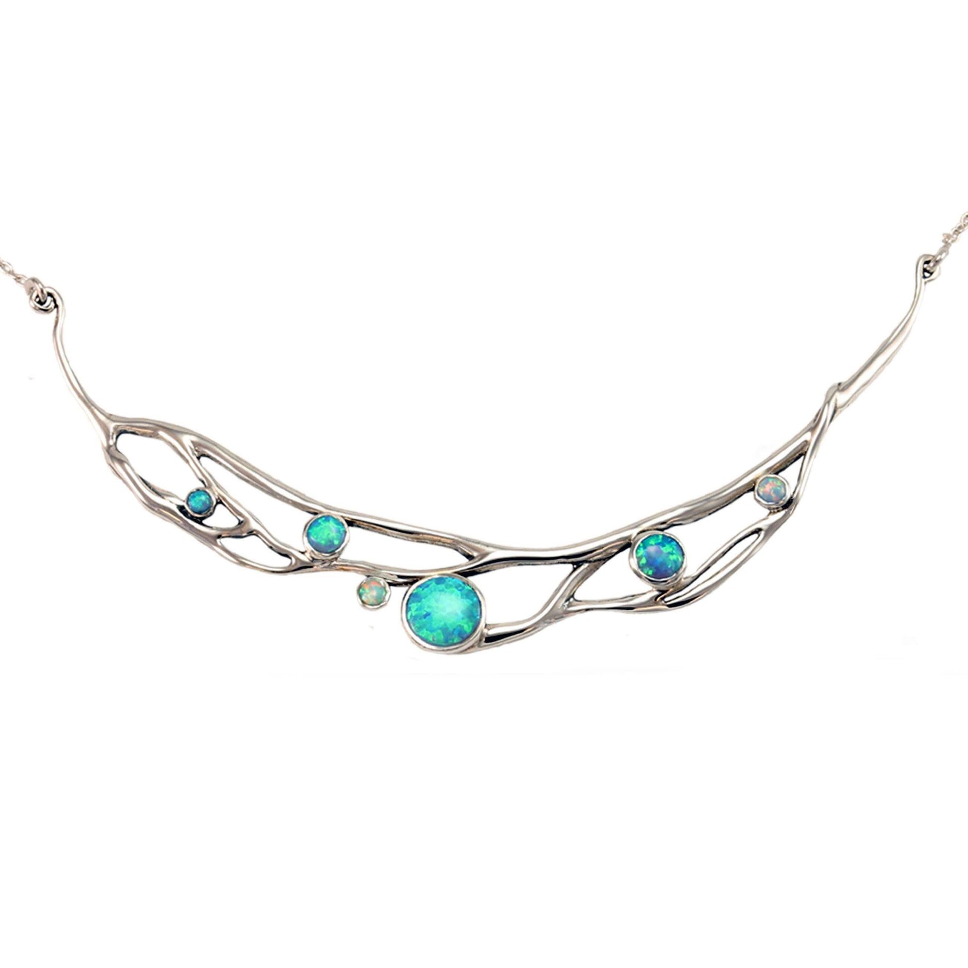 Blue and White Opal Organic Crescent Necklace - Twelve Silver Trees