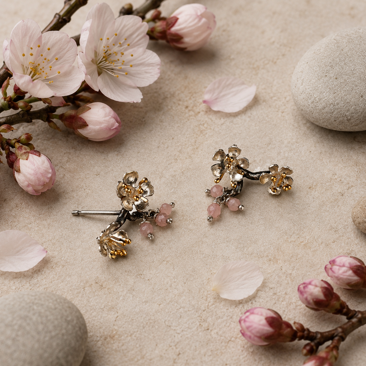 Almond Blossom branch stud earrings with pink gemstone accents displayed on a botanical flatlay