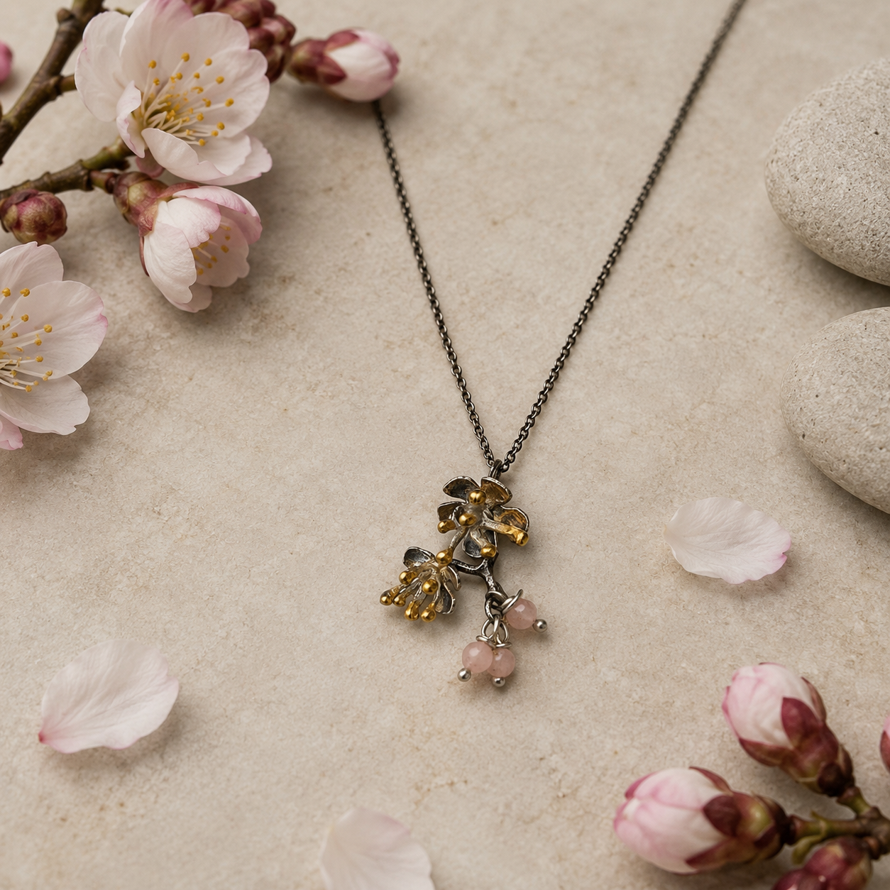 Almond Blossom branch pendant necklace with pink gemstone accents displayed with blossom flowers and natural stones